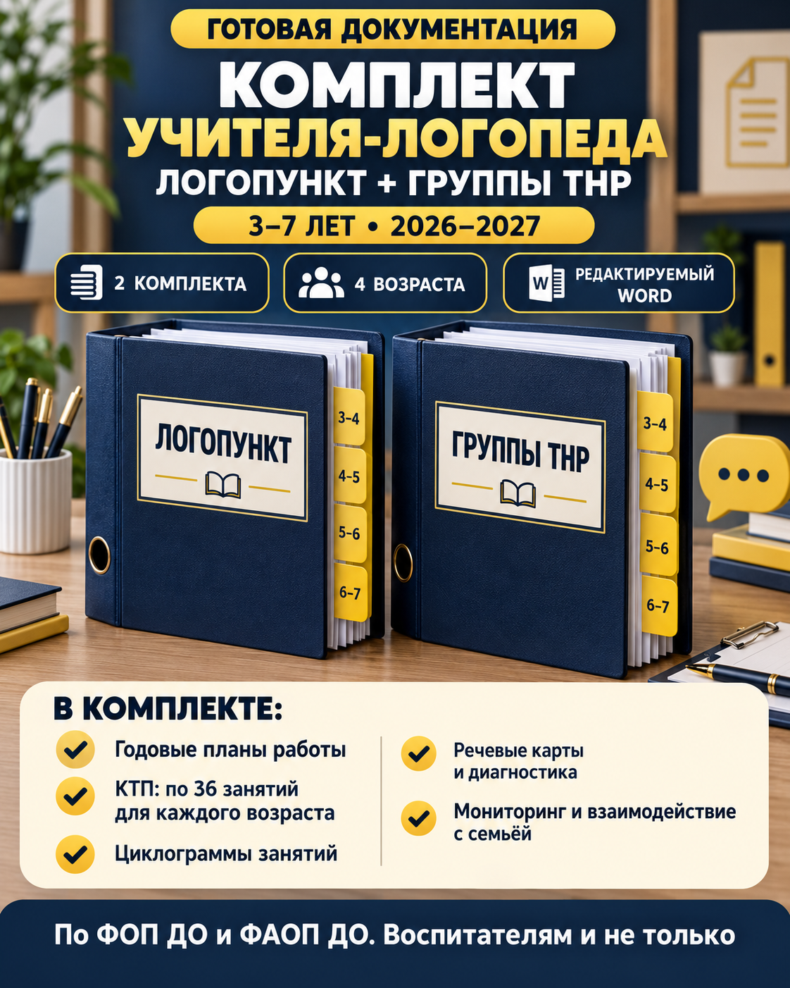 Комплект рабочей документации учителя-логопеда для логопункта и групп ТНР 3–7 лет на 2026–2027 учебный год
